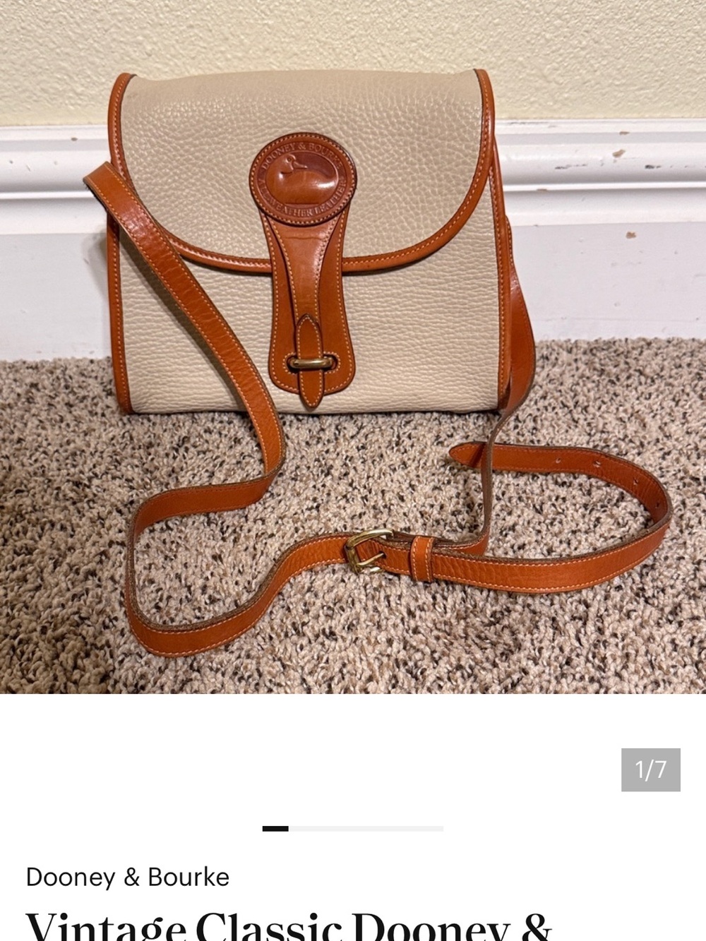 Dooney & Bourke Beige Pebbled Leather Crossbody with Brown Trim